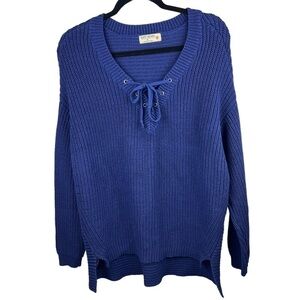 Y2K RUFF HEWN Chunky Ribbed Oversized Blue Sweater Size XL 1X V-Neck Pullover